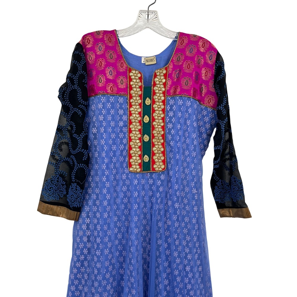 Neerus Womens XL‎ Anarkali Dress Blue Pink Embroidered Brocade Long Sleeve Maxi